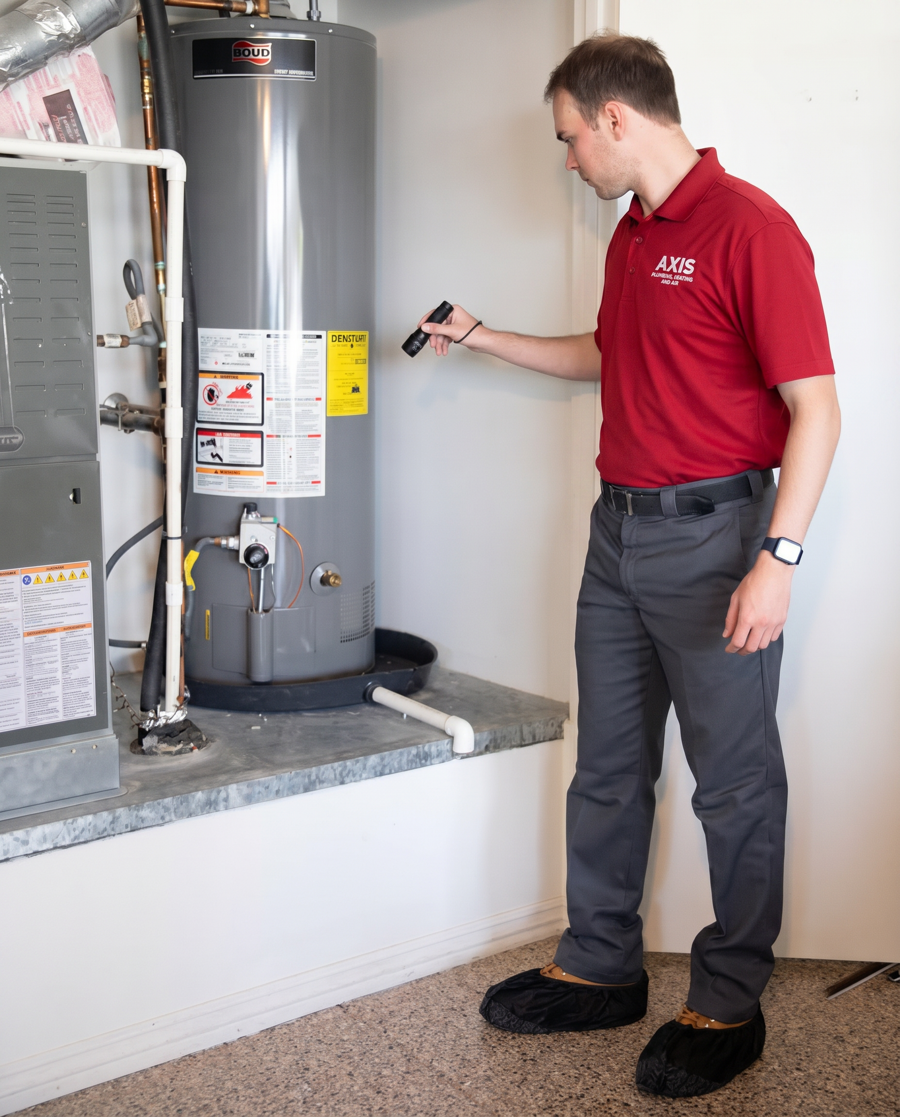 Axis Plumbing technician inspecting water heater